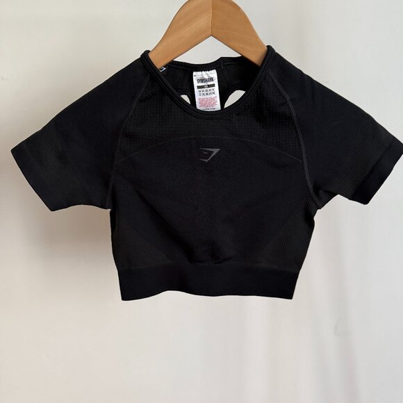 GYMSHARK CROP TSHIRT TOP SPORTS BRA BLACK XS - Picture 1 of 3